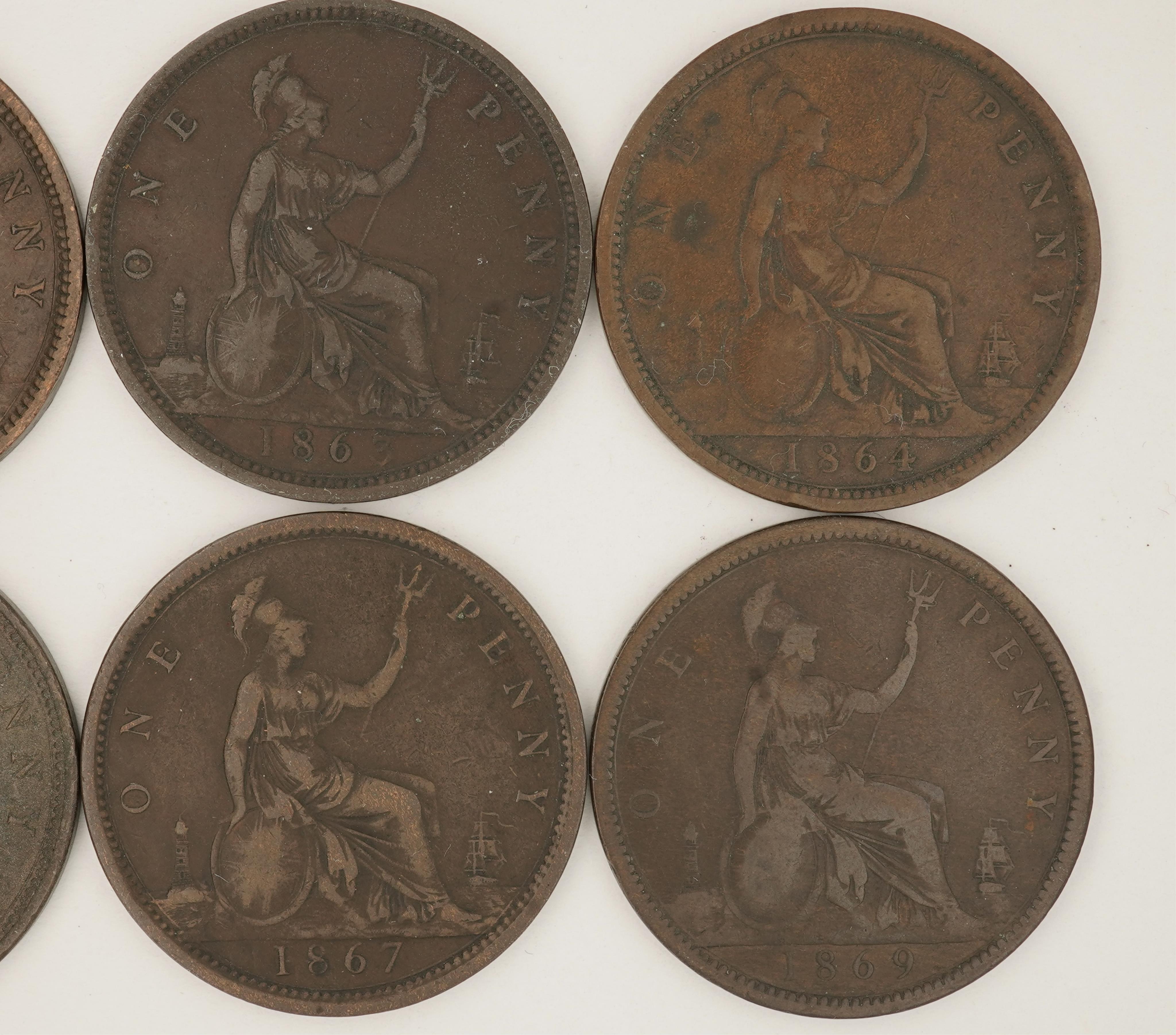 British coins, Victoria, eight bronze pennies;, 1861, Fr. 22, Gouby dies F/d, good VF, dark toned, 1862, Fr. 39, Gouby dies J/g, good VF, dark toned, 1863, Fr. 42, Gouby dies J/g, good fine, dark toned, 1864, slanted tai